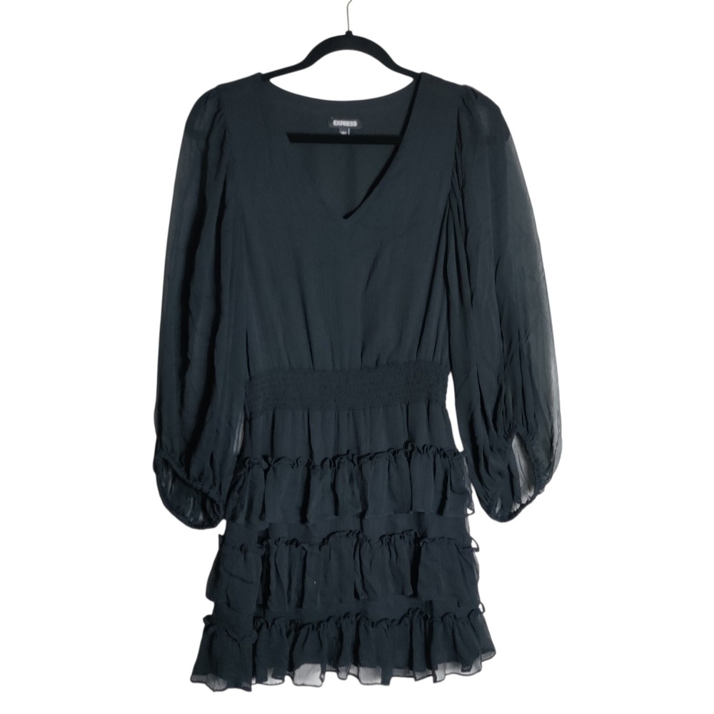 Express Womens Black Long Balloon Sleeve Tiered Ruffle Smocked Mini Dress Medium